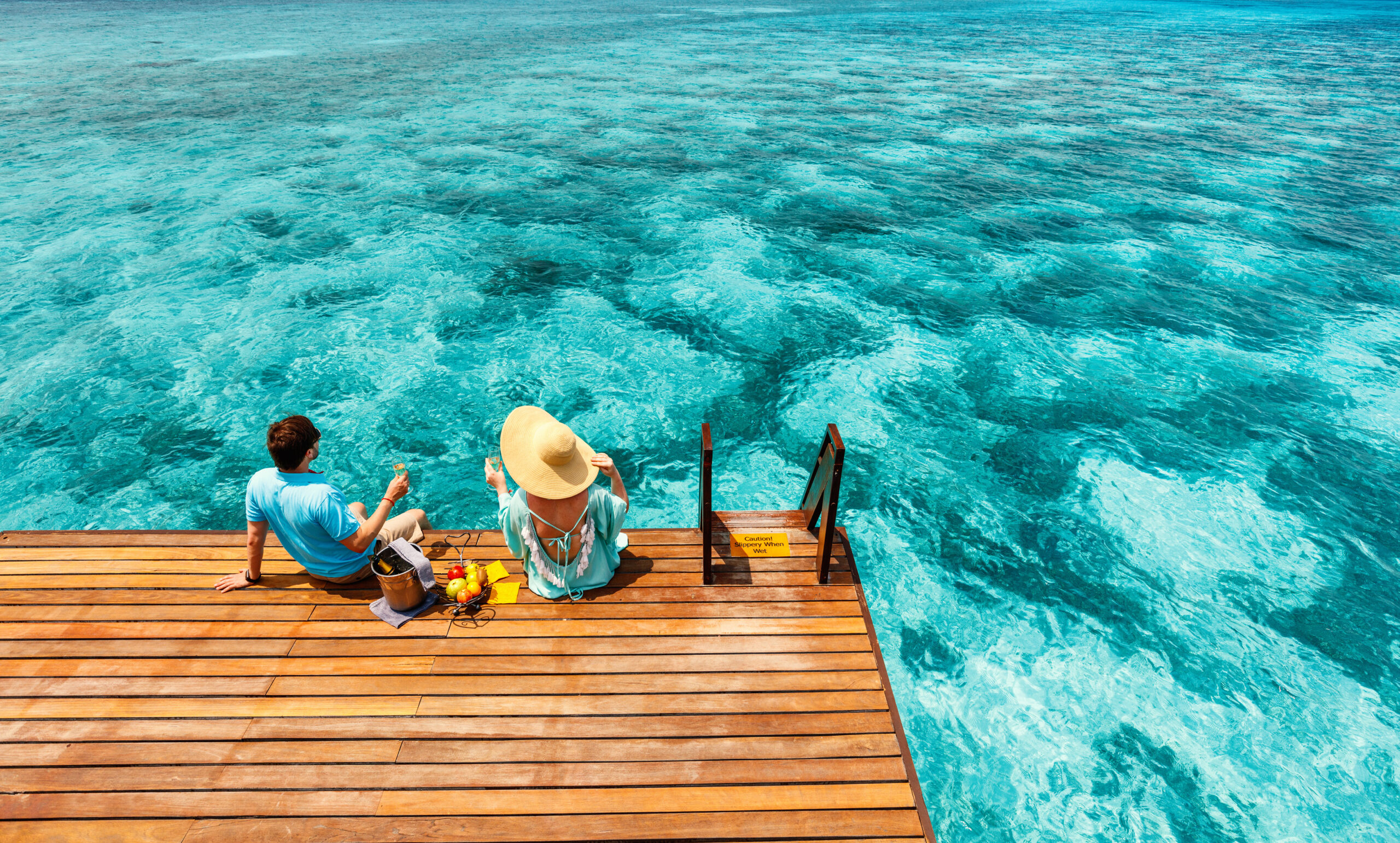 Romantic couple at tropical resort during honeymoon vacation